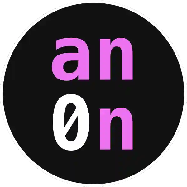 Black circle with the text 'an0n', with all the characters except the 0 rendered in blue