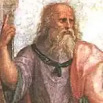 Old oil painting of Plato pointing towards the sky