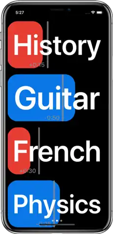 iPhone displaying Recall on the subjects screen. Subjects are History, Guitar, French, and, Physics. Guitar and Physics are passed the week's goal