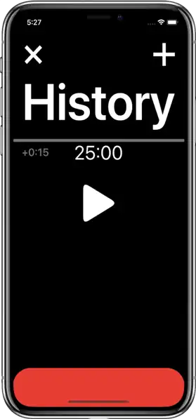 iPhone displaying Recall on the timer screen ready to begin counting time spent studying history